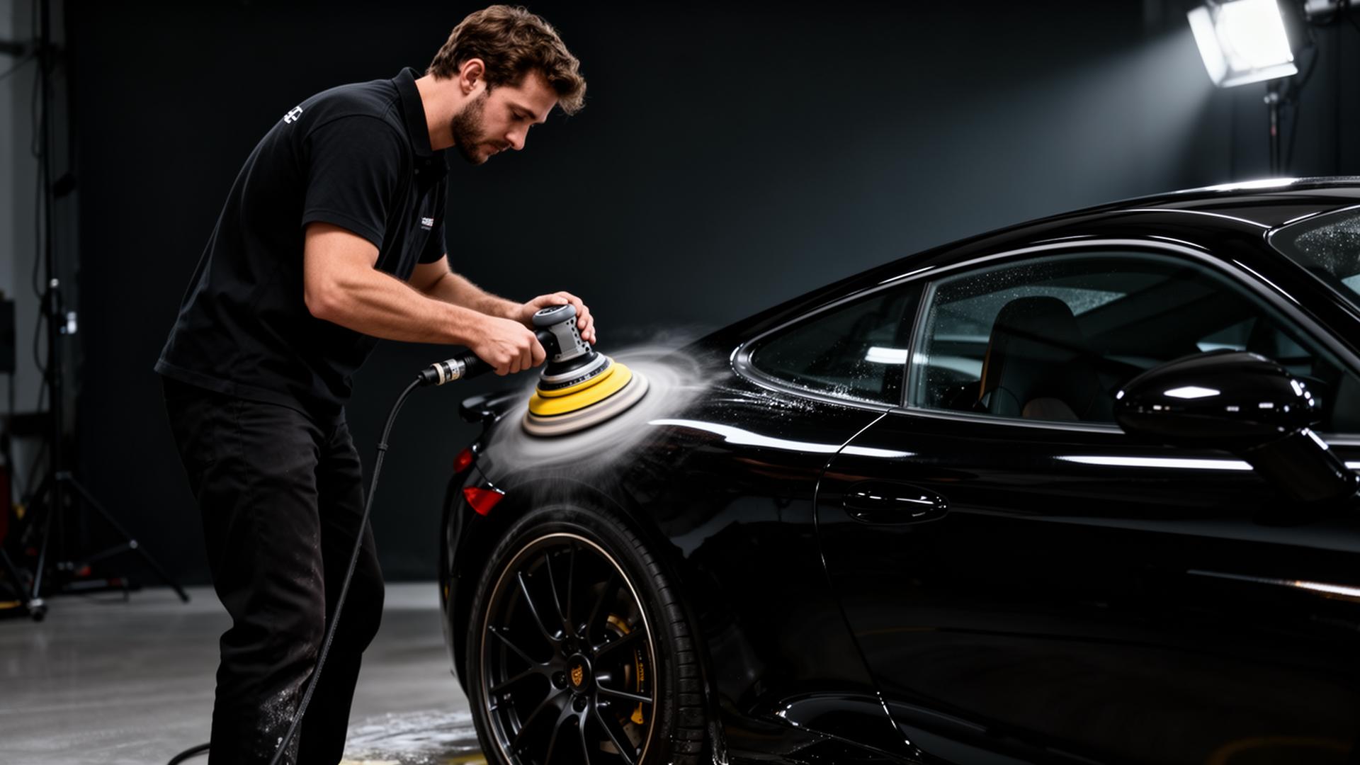 Detailer polishing a luxury black car